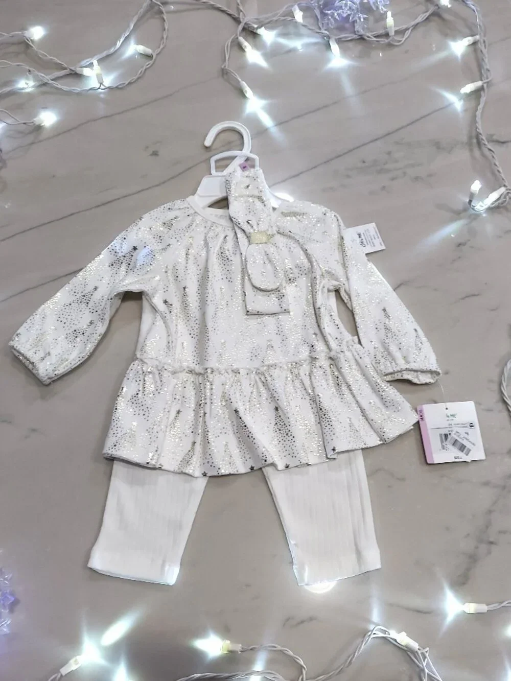 Sweet! 3pc Little Me Baby Girl Holiday Outfit 9 mos Ivory/Gold Christmas Trees